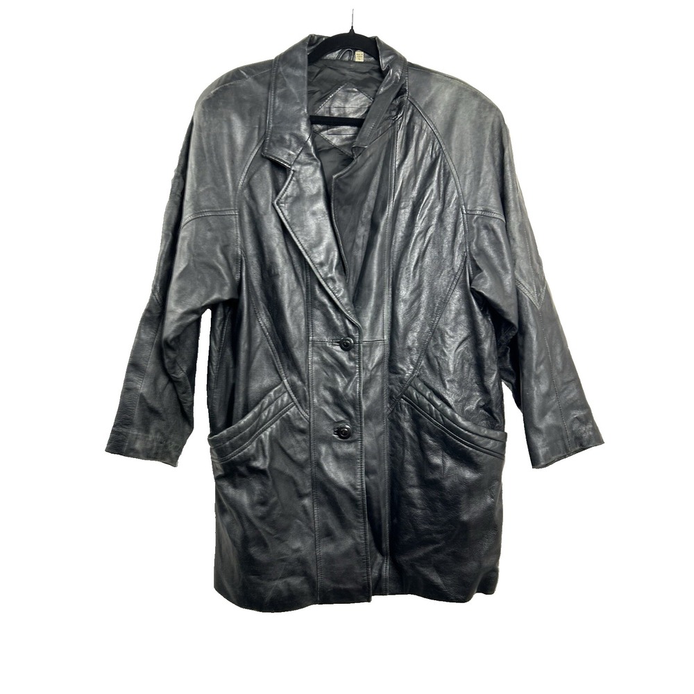 Vintage Preston & York Leather Coat L Black Long Knee Length Minimalist 90s Goth
